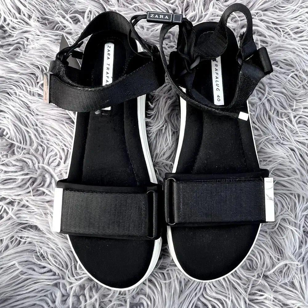 NWT Zara Trafaluc Chunky Platform Sandals Black White Adjustable Strap Womens 40